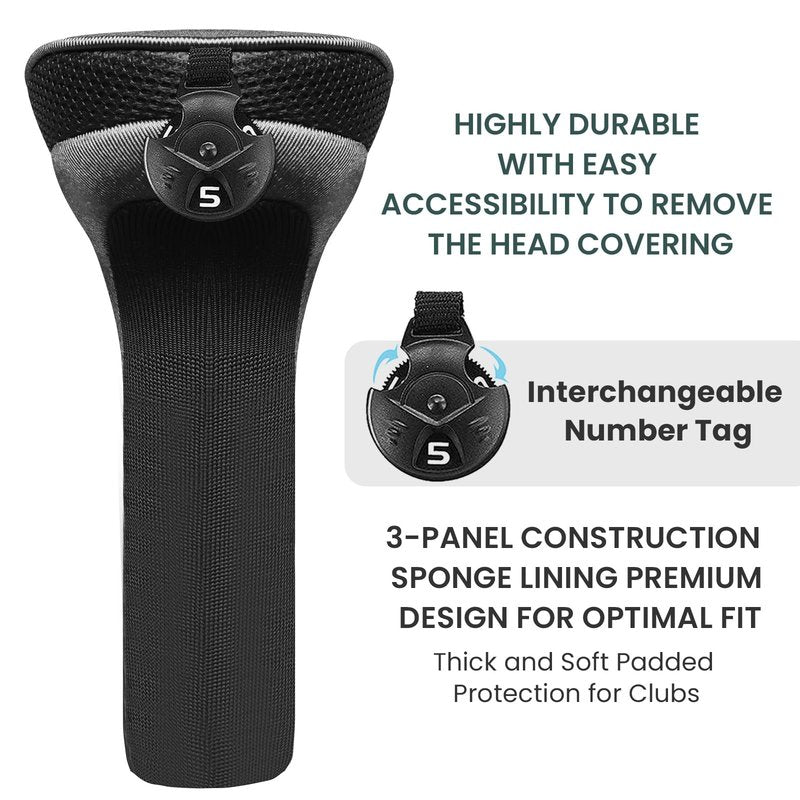 FINGER TEN Golf Club Head Covers for Hybrids Long Headcover Interchangeable Accessories for Ultimate Club Protection (2 Hybrid-Black)