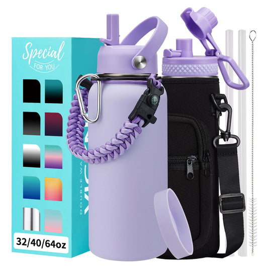 32/40/64 OZ Insulated Water Bottle - with Straw Auto Spout Lid, 32 oz Water Bottles Sleeve, Paracord Handle, Protective Boot, Metal Thermos Stainless Steel Flask Cup for Women Work Sports Gym Travel