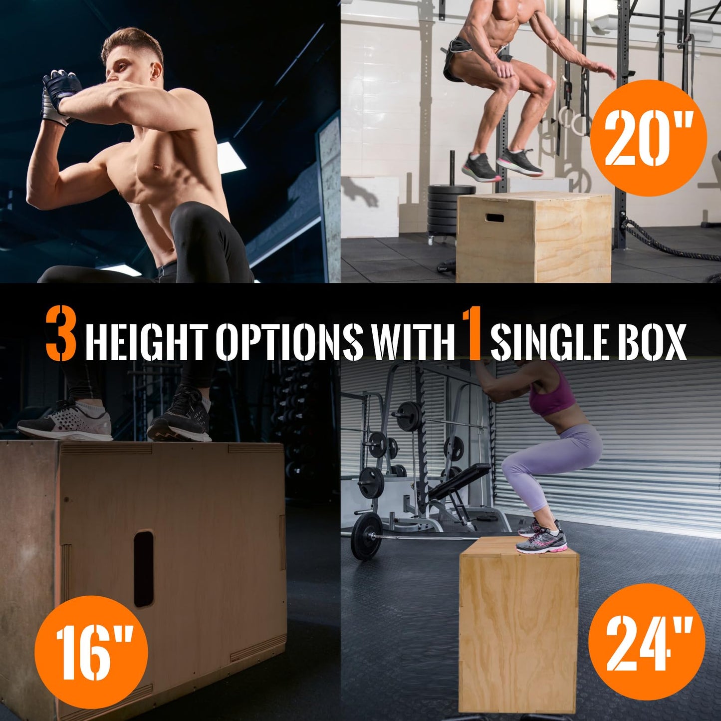 3-in-1 Wood Plyo Box - Non-Slip Plyometric Jump Box for Home & Gym, 400lbs Bearing Fitness Launch Box for Jumping Squats Step-ups Strength Training (‎24" x 20" x 16")