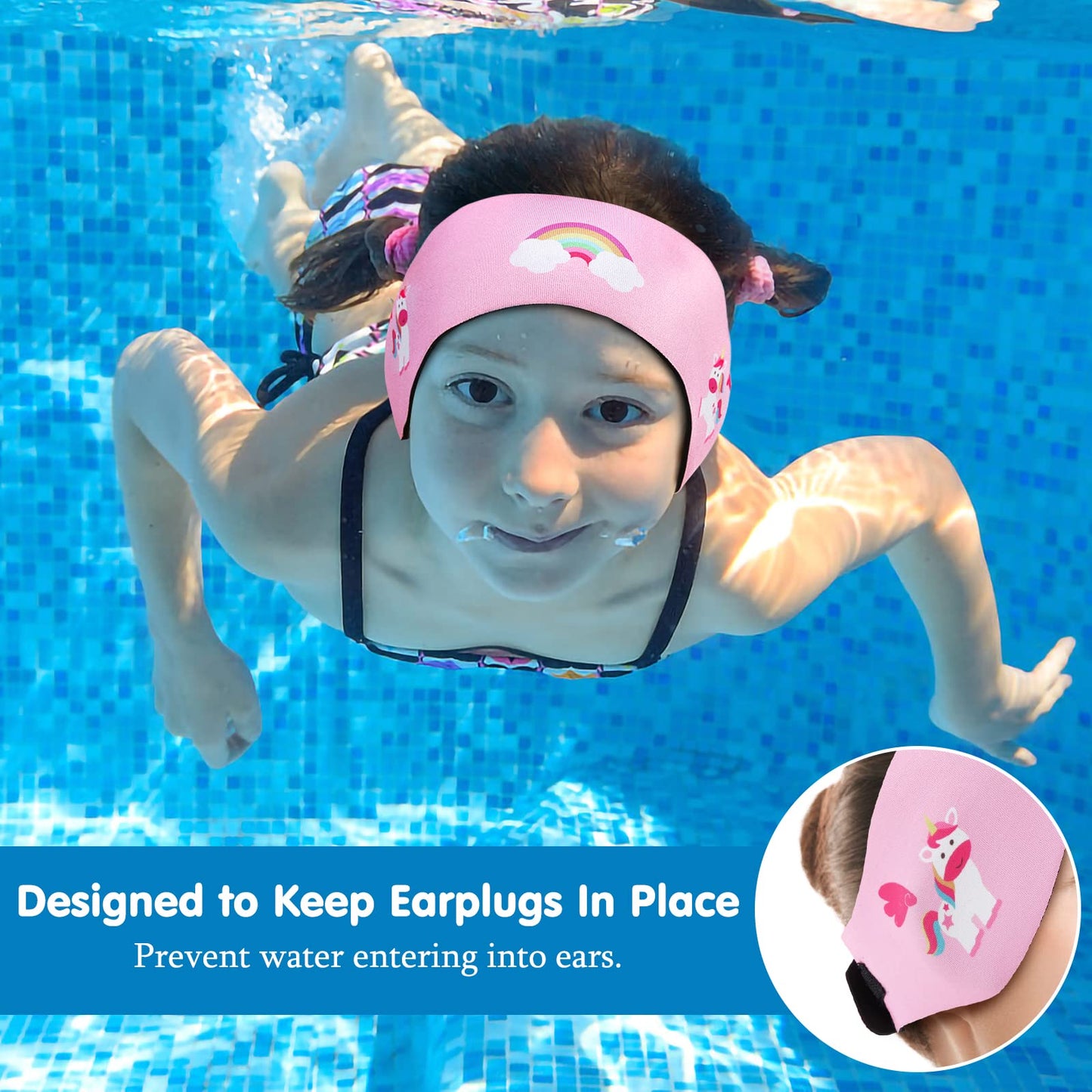 HeySplash Swimming Headband, Swimming Earplugs Ear Band Swimmer Ear Protection Kids Ear Plugs, Elastic Neoprene Ear Guard and Hair Guard for Kids & Toddlers, Keep Water Out and Hold Earplugs in - Pink