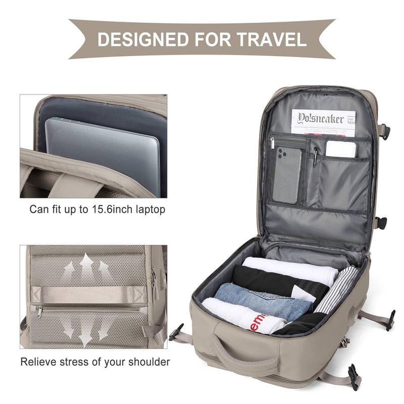 WONHOX Large Travel Backpack Women, Carry On Backpack, Hiking Backpack Waterproof Outdoor Sports Rucksack Casual Daypack with USB Charging Port Shoes Compartment, Grey Brown