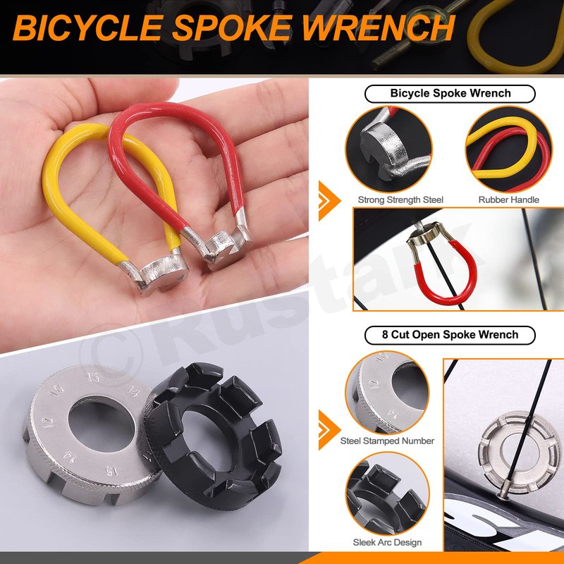 Rustark 9Pcs Bicycle Spoke Wrench Portable Bike Spoke Adjustment Tool Kit Bike Rim Repair Tool Tire Lever Cycling Pocket Tools for Bike Repair