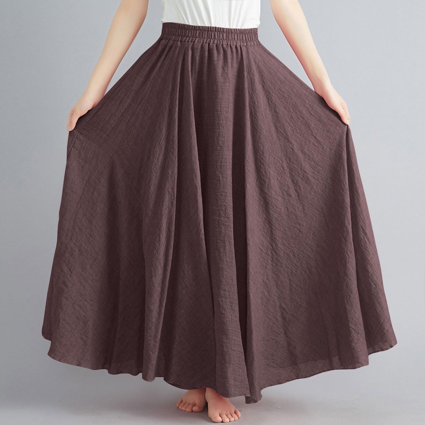 Womens Linen Maxi Skirts Summer Boho Solid Beach Elastic High Waist Pleated A-Line Flowy Swing Long Maxi Skirts Brown