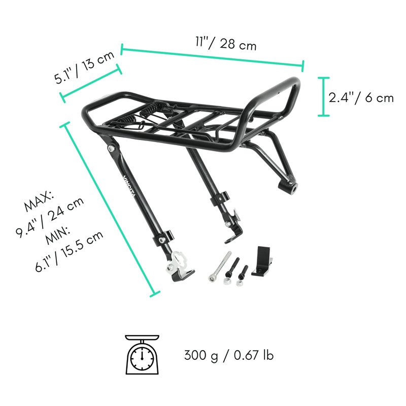 Vincita Front Bike Rack with Spring Clamp – Adjustable Cargo Carrier for 16" to 28" Wheels – V-Brake/Cantilever Mount for Road, City, Hybrid & Folding Bikes (Alloy Black)