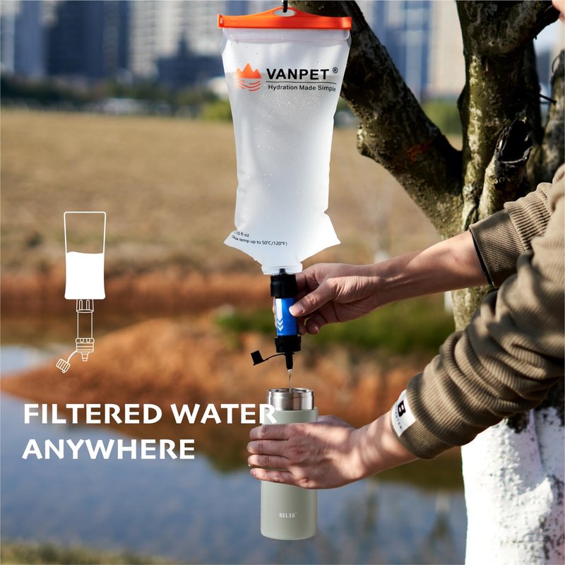 VANPET 2L&1L Water Bag Compatible with Sawyer Squeeze Water Filter, Durable TPU Material, BPA & PVC Free Squeeze Pouch, Collapsible Hydration Canteens for Camping Hiking Cycling