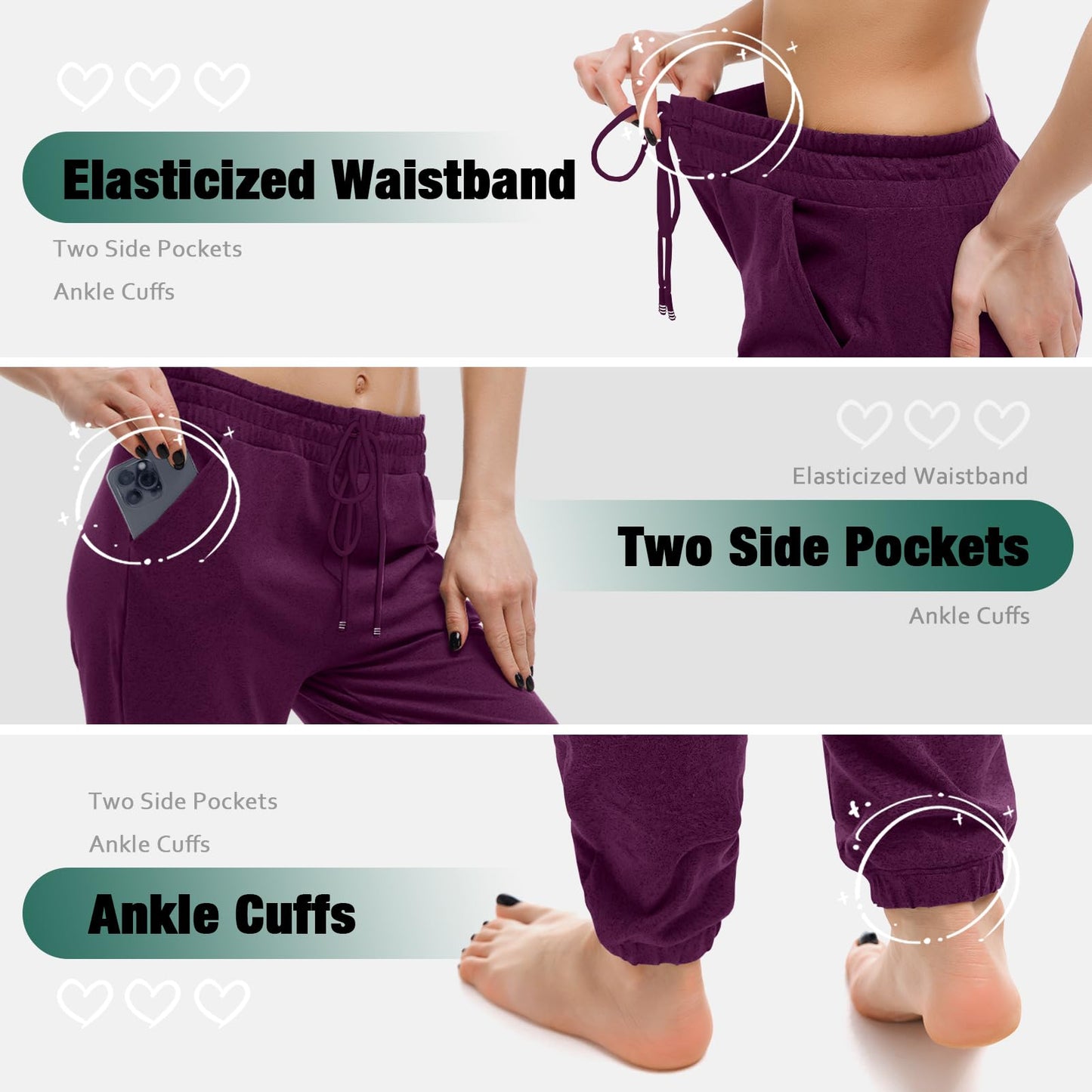 Walifrey Womens Joggers with Pockets, Drawstring Sweatpants Women for Lounging Jogging Gym and Workout Purple,1 Pack Purple L