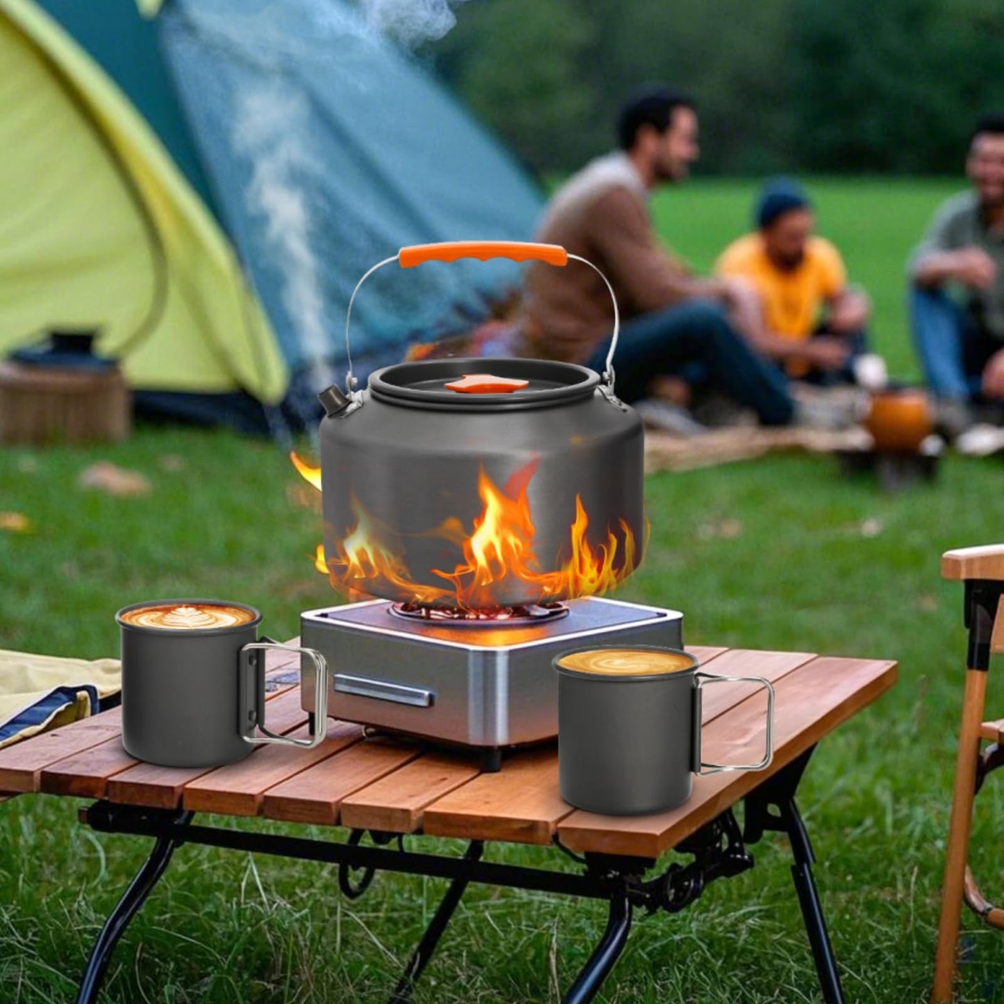 Nagpew 3 Pieces Camping Kettle, 2.5L Portable Camping Water Boiler with Storage Bag and 2 Cups, Coffee Tea Pot Set for Open Fire, Outdoor Activity, Stove, Hiking, Backpacking