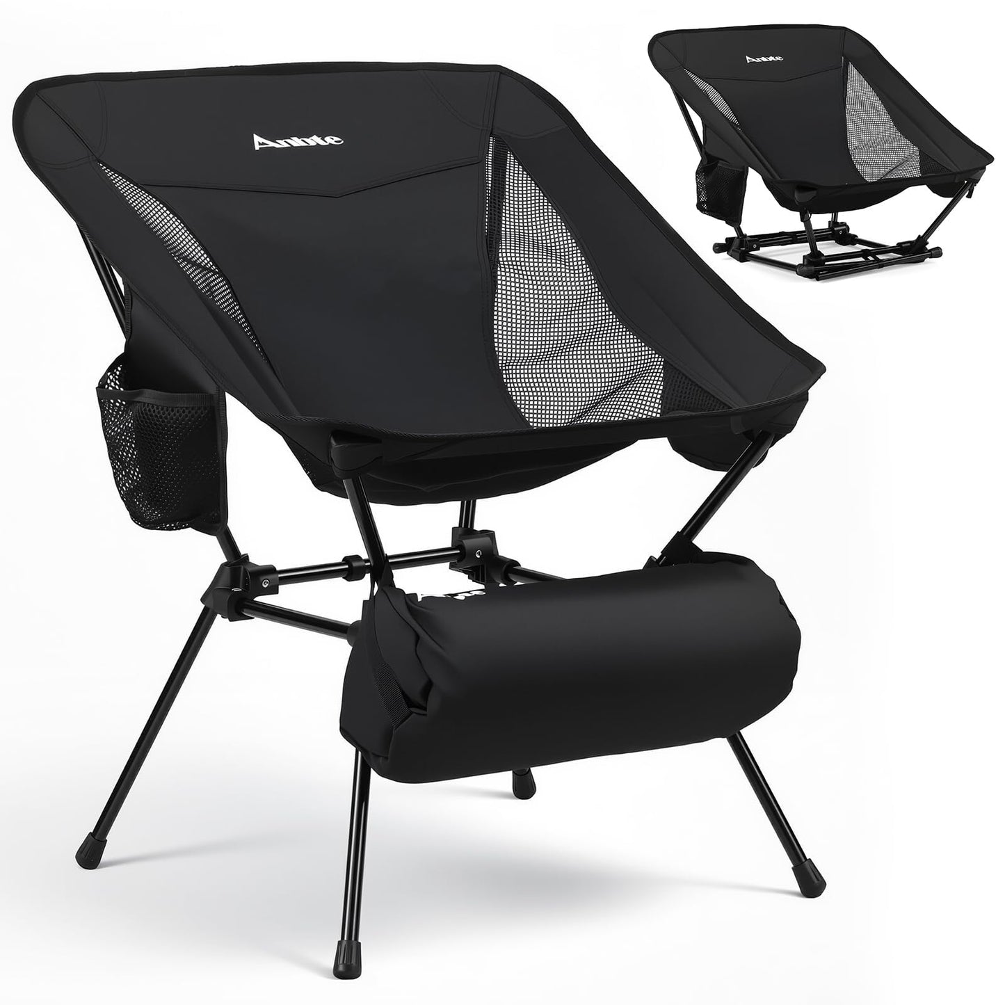 Anbte Extra Height & Width Portable Camping Chair, 400LBS Capacity Compact Folding Chair with Square Frame Quick Setup Storage Bags on Both Sides, Ideal for Camping Hiking Beach Picnic Outdoor, Black