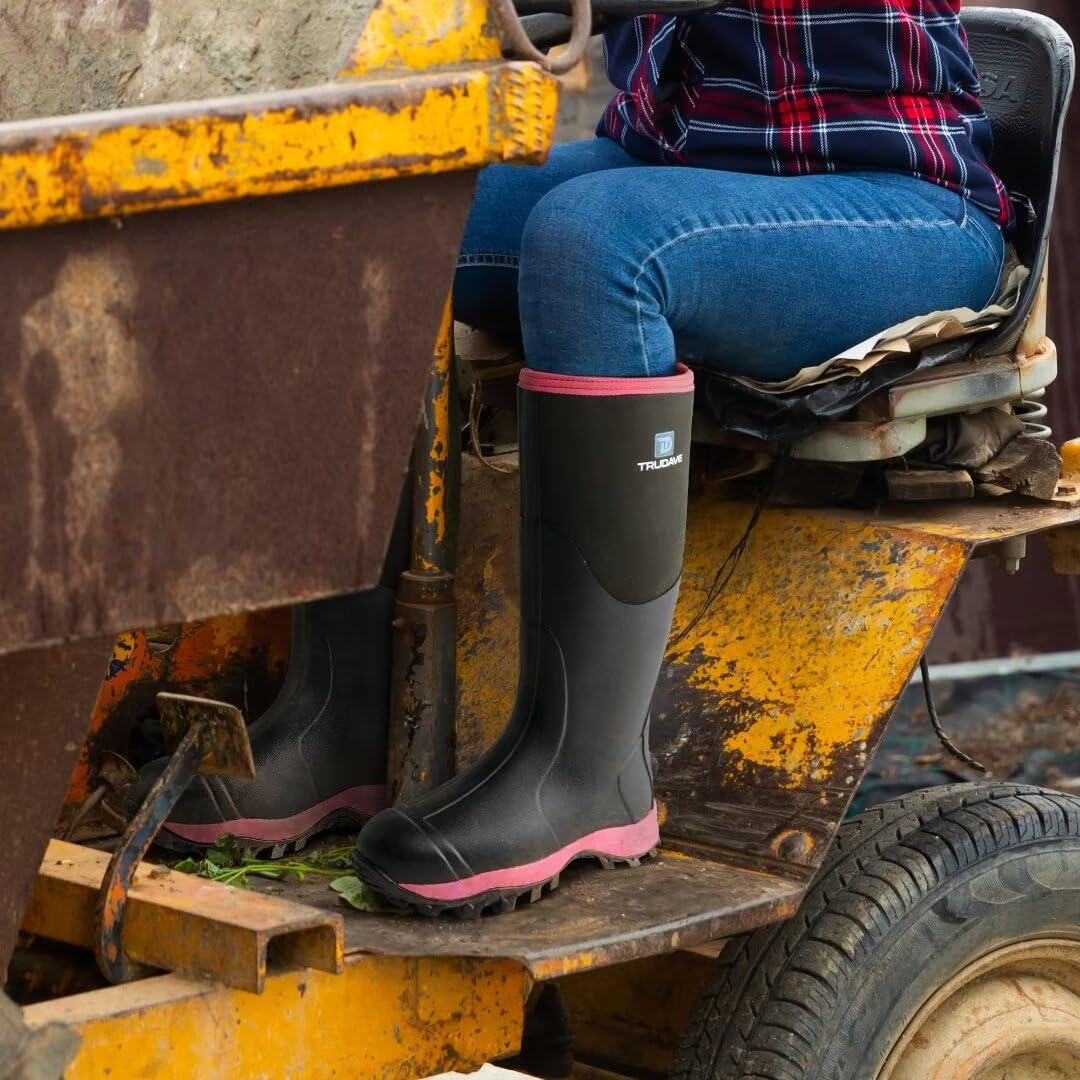 Trudave Rubber Boots for Women with Steel Shank, Waterproof Insulated Mud Rain Boots, 6mm Neoprene Anti-slip Outdoor Work Boots, Pink, Size 8