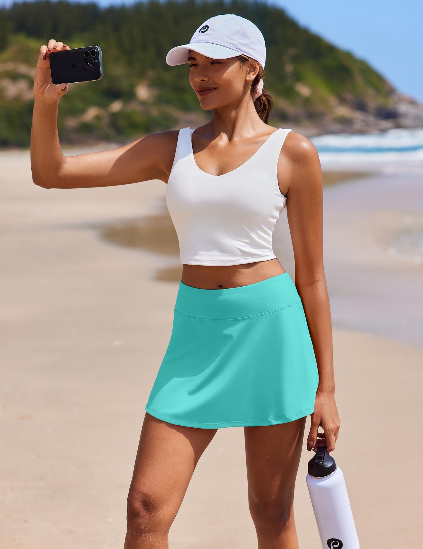 PINSPARK Pleated Tennis Skirt with Pockets Athletic Skort Women for Golf Pickleball Workout Tummy Control,Turquoise Small