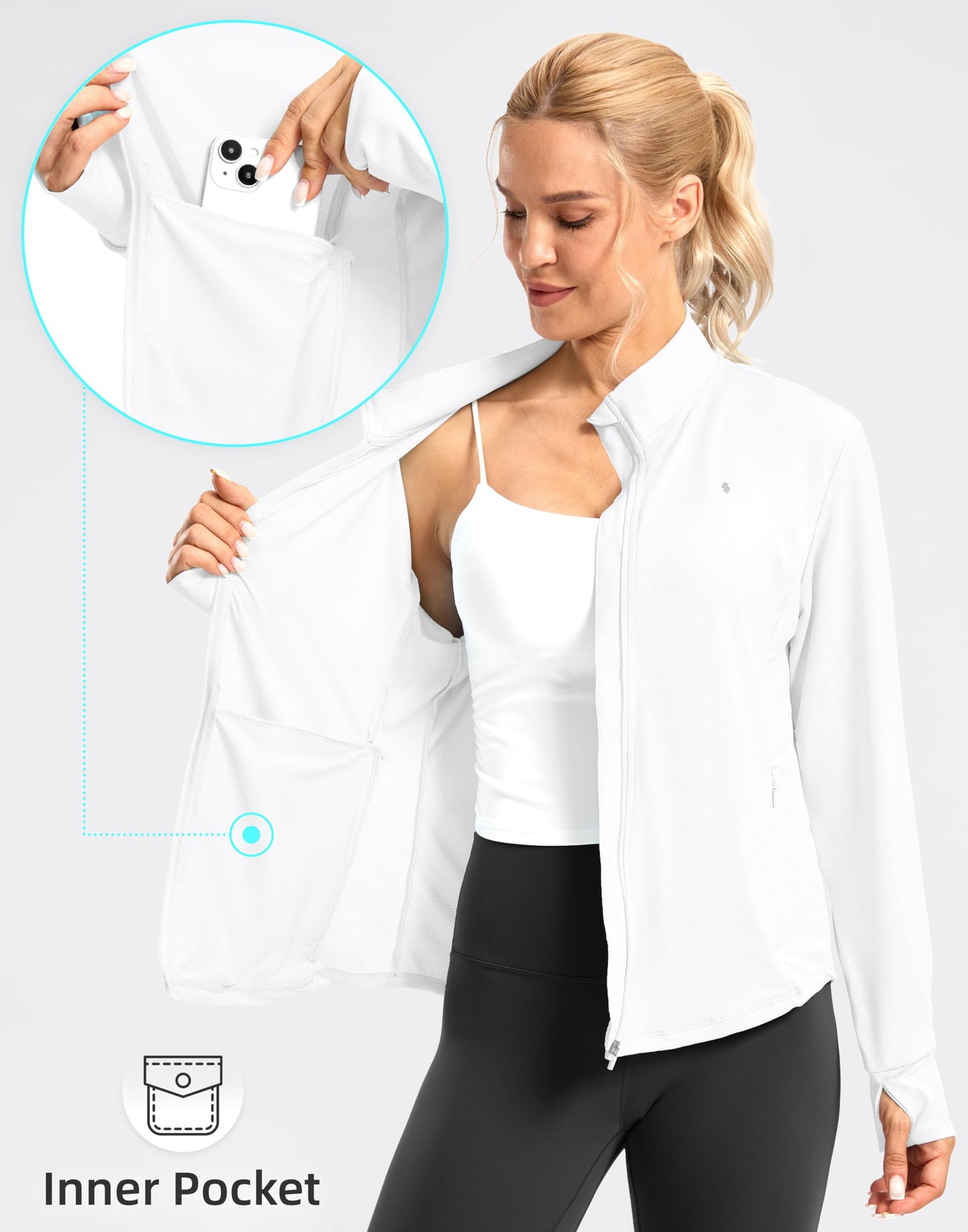 Soothfeel Women's UPF 50+ Lightweight Athletic Jackets Sun Protection Zip Up Long Sleeve Shirts Hiking Workout Outdoor Pocket, White, XS