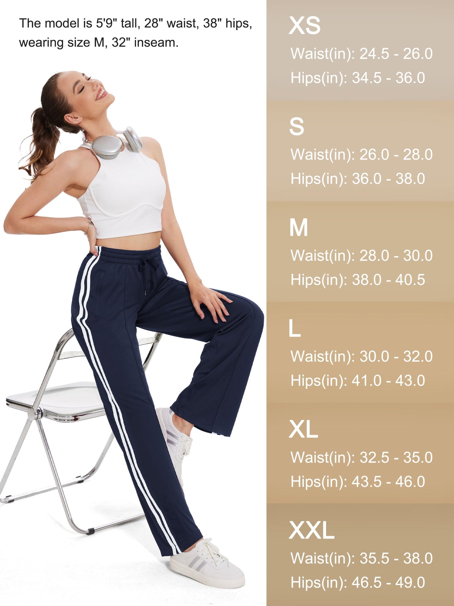 Tapata Extra Tall Woman 36" Inseam Stripes Sweat Pant High Waisted Drawstring Gym Exercise Lounge Joggers, Navy Blue, XL