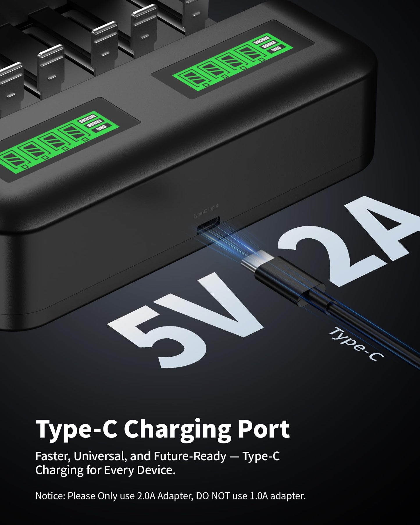 EBL LCD 8 Bay Battery Charger, AA AAA C D Rechargeable Battery Charger for Rechargeable Batteries Ni-MH AA AAA C D Batteries with Type C Input