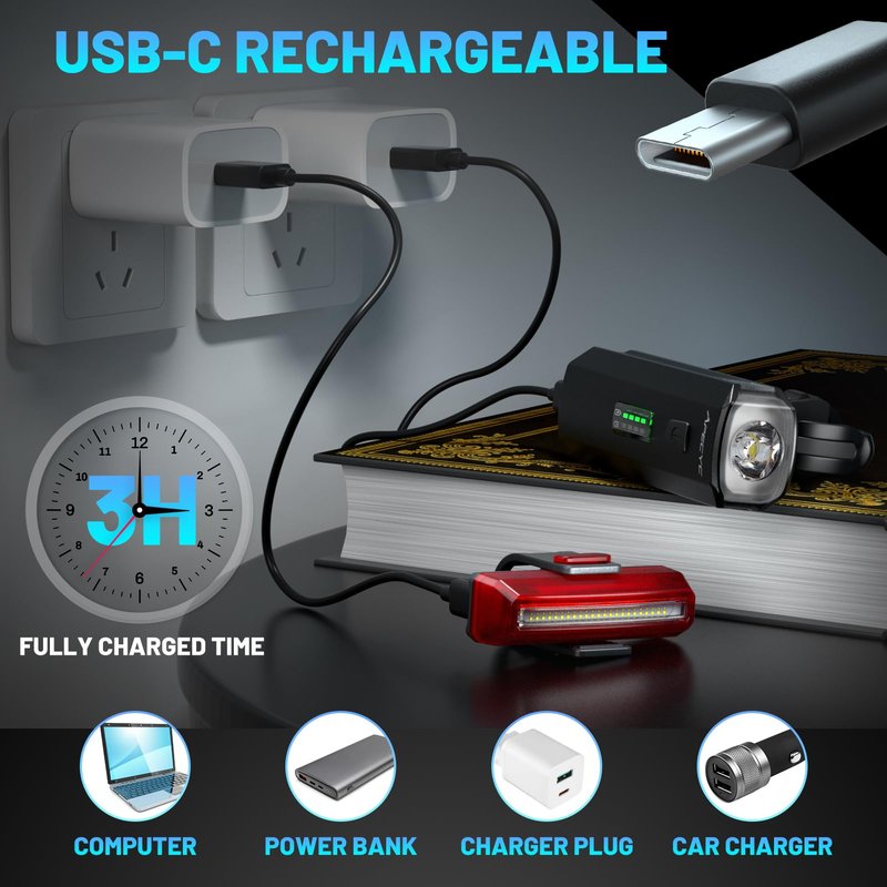 APECYC Bike Lights USB-C Rechargeable Bicycle Front Headlight and Rear Taillight with 4+5 Light Modes, Waterproof Bike Light Set for Night Riding, Commuter, Road & Mountain Cycling