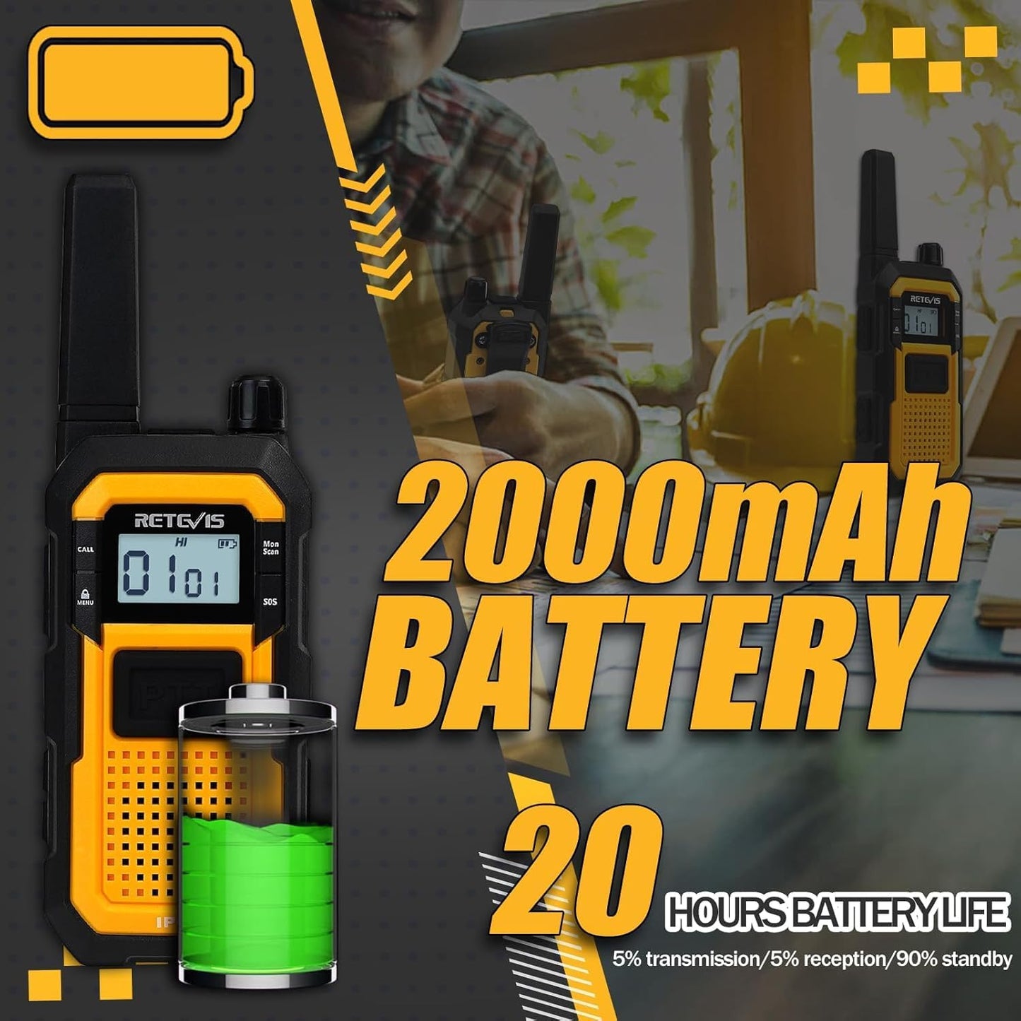 Retevis Walkie Talkies - Long Range Waterproof Two Way Radios with Earpiece | 2000mAh, VOX, NOAA (2 Pack)
