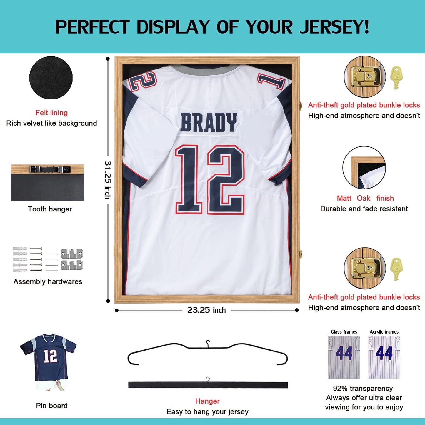 KCRasan Jersey Frame Display Case - Jersey Display Case - Large Lockable Frames Shadow Box with UV Protection for Baseball Basketball Football Soccer Hockey Sport Shirt Military Uniform Oak Finish