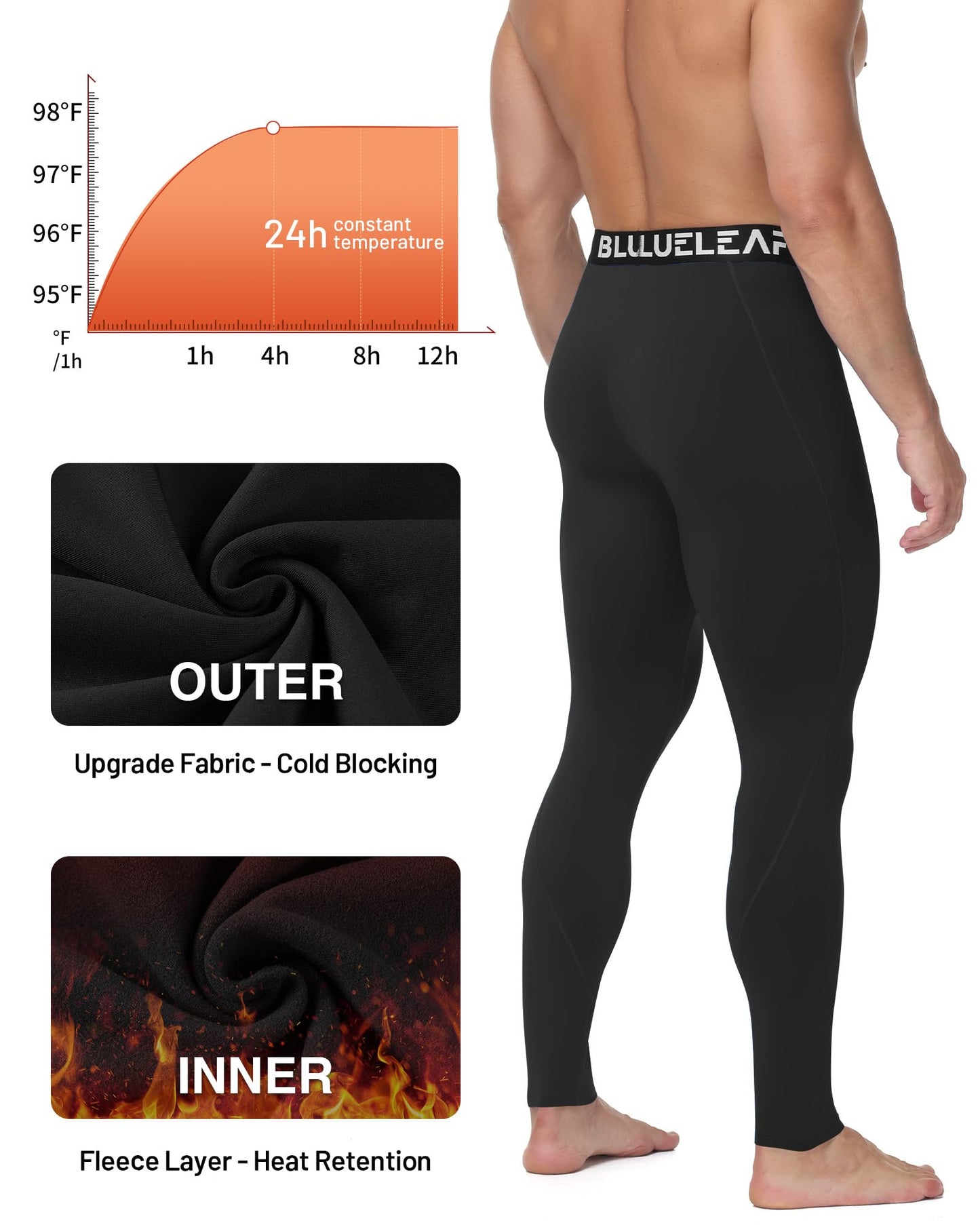 Blueleaf Mens Thermal Compression Pants Fleece Lined Athletic Running Tights Leggings Cold Weather Sports Base Layer Bottoms Winter Gear Black M