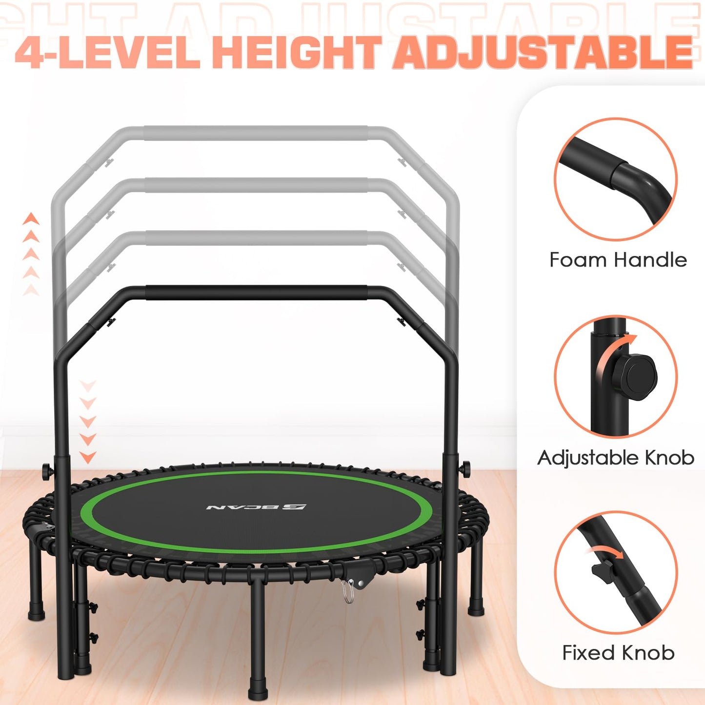 BCAN 550 LBS Foldable Mini Trampoline, 48" Fitness Trampoline with Adjustable Handle Bar, Bungees, Stable & Quiet Exercise Rebounder for Kids Adults Indoor/Garden Workout-Green