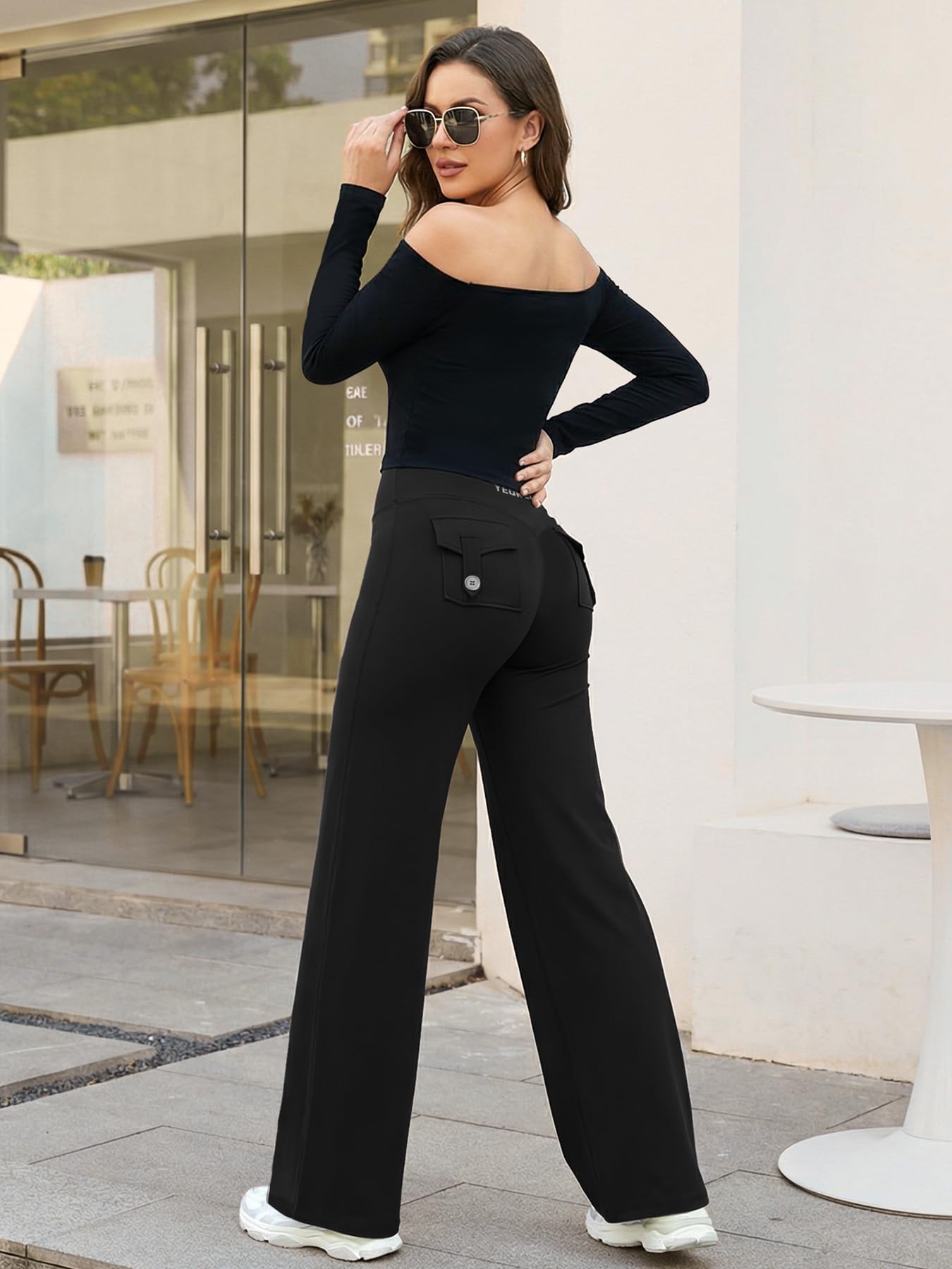 YEOREO CoreFlex Straight Leg Leggings Pockets Cargo Workout Leggings for Women No Front Seam Hidden Scrunch High Yoga Pants Black-M