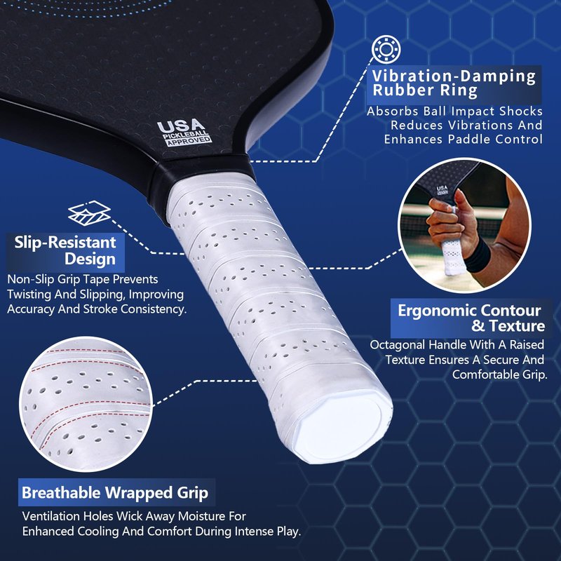 Pickleball Paddles, Carbon Fiber Pickleball Paddle with 16mm HComb Core, T700 High Spin Power | Anti-Slip Comfort Grip | Ultra Light | Powerful Pickleball Racket for Pros & Beginners