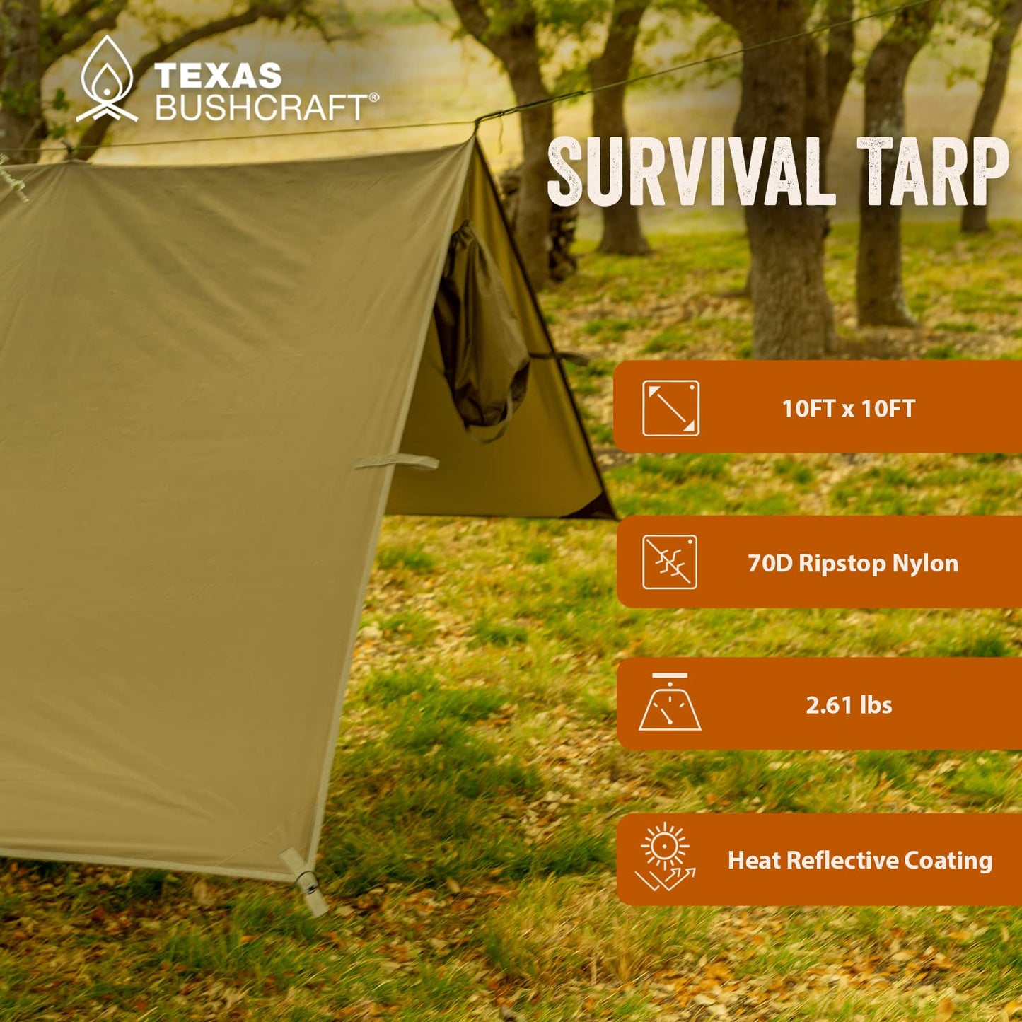 Texas Bushcraft Emergency Camping Tarp, Waterproof 10x10 Emergency Shelter for Backpacking and Hiking, 70D Ripstop Nylon Survival Tarp with Reflective Aluminized Polymer and Loop Ties with Grommets