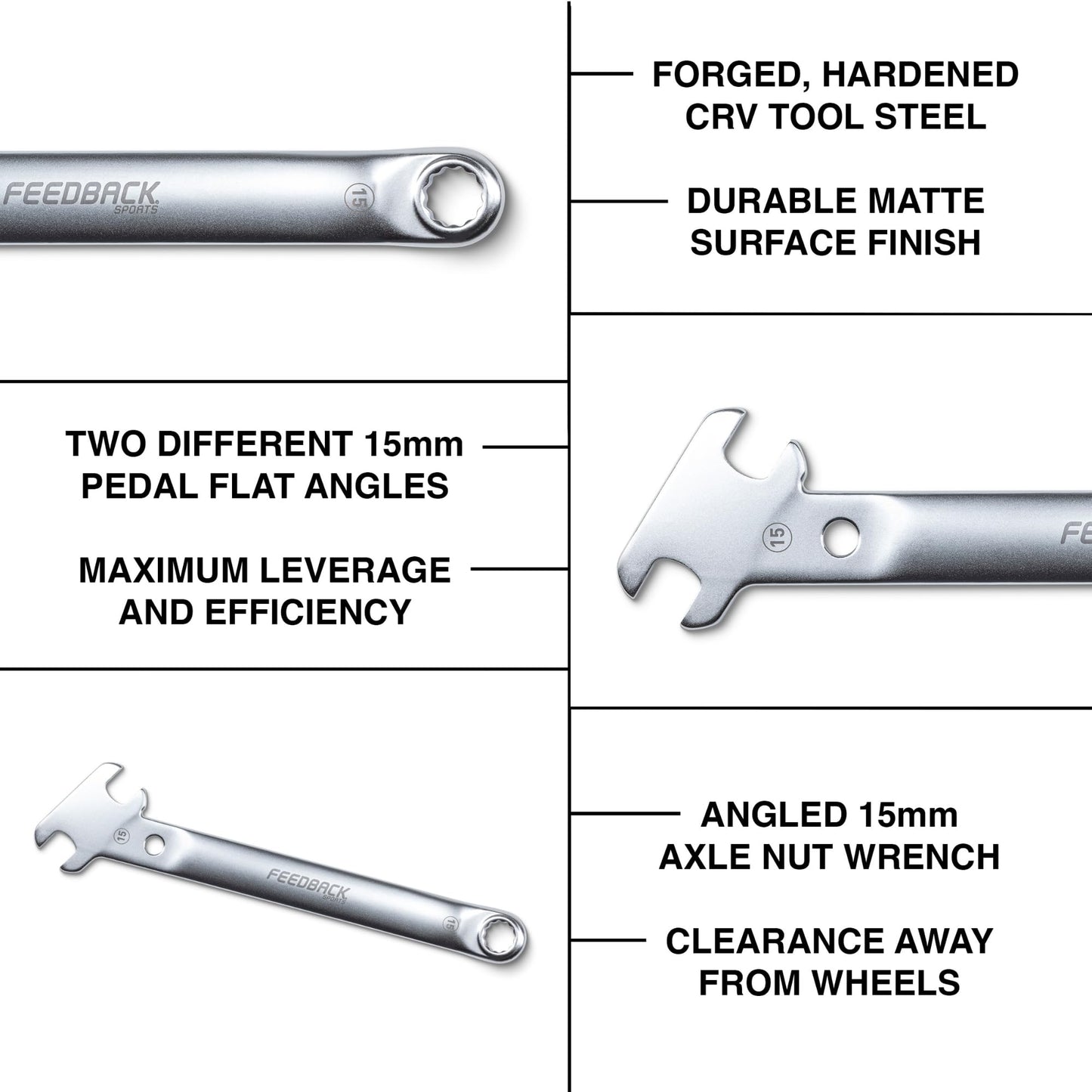 Feedback Sports | Bicycle Pedal Wrench Combo | 2-in-1 Pedal & Axle Nut Tool | 15mm Angle Head, Closed Axle Nut Wrench | For Bike Maintenance & Repair