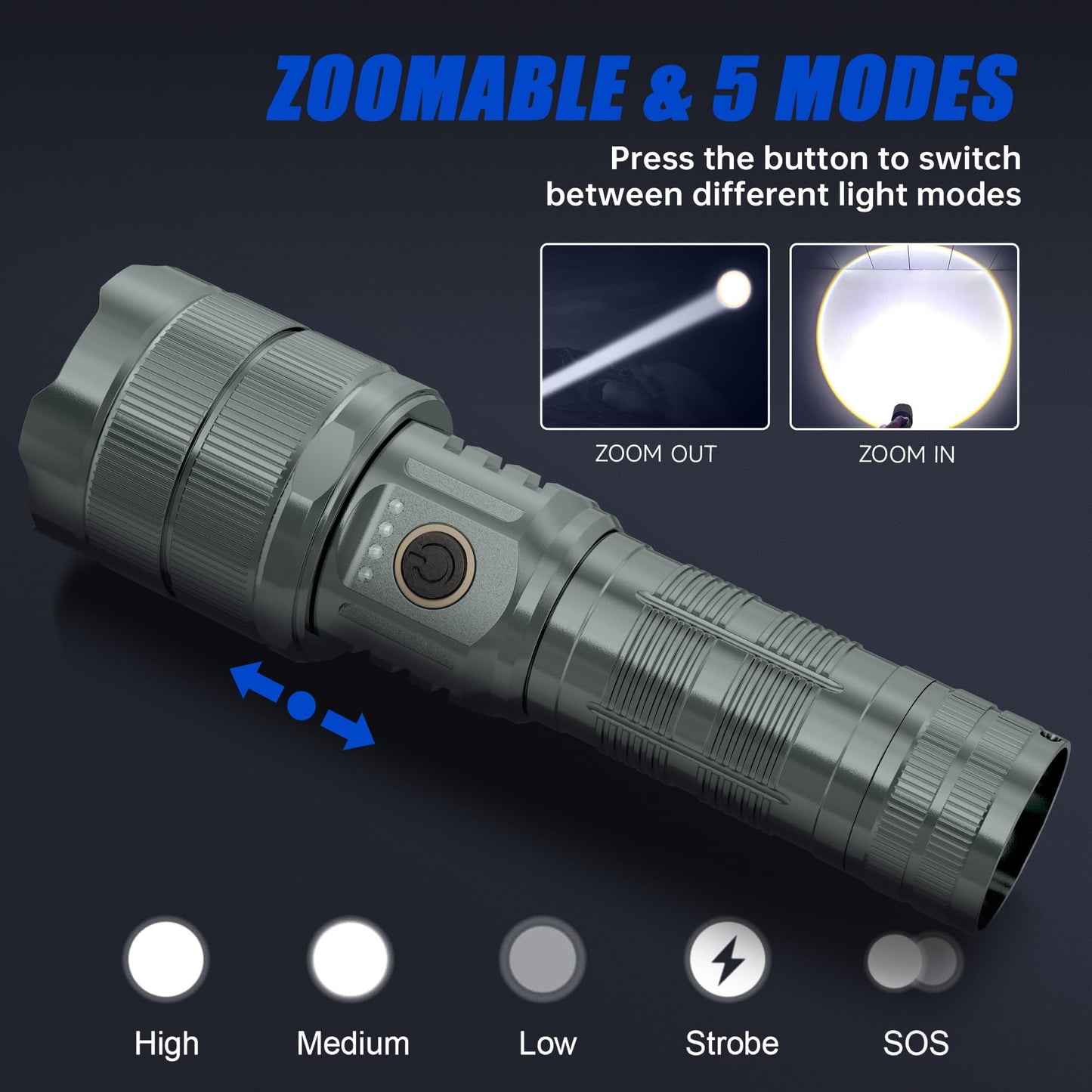 TECBOTT Rechargeable Flashlights 900000 High Lumens Super Bright LED Flashlight High Powered Tactical Flashlights Zoomable 5 Modes IPX6 Waterproof Handheld Flash Light for Camping Outdoor Emergencies