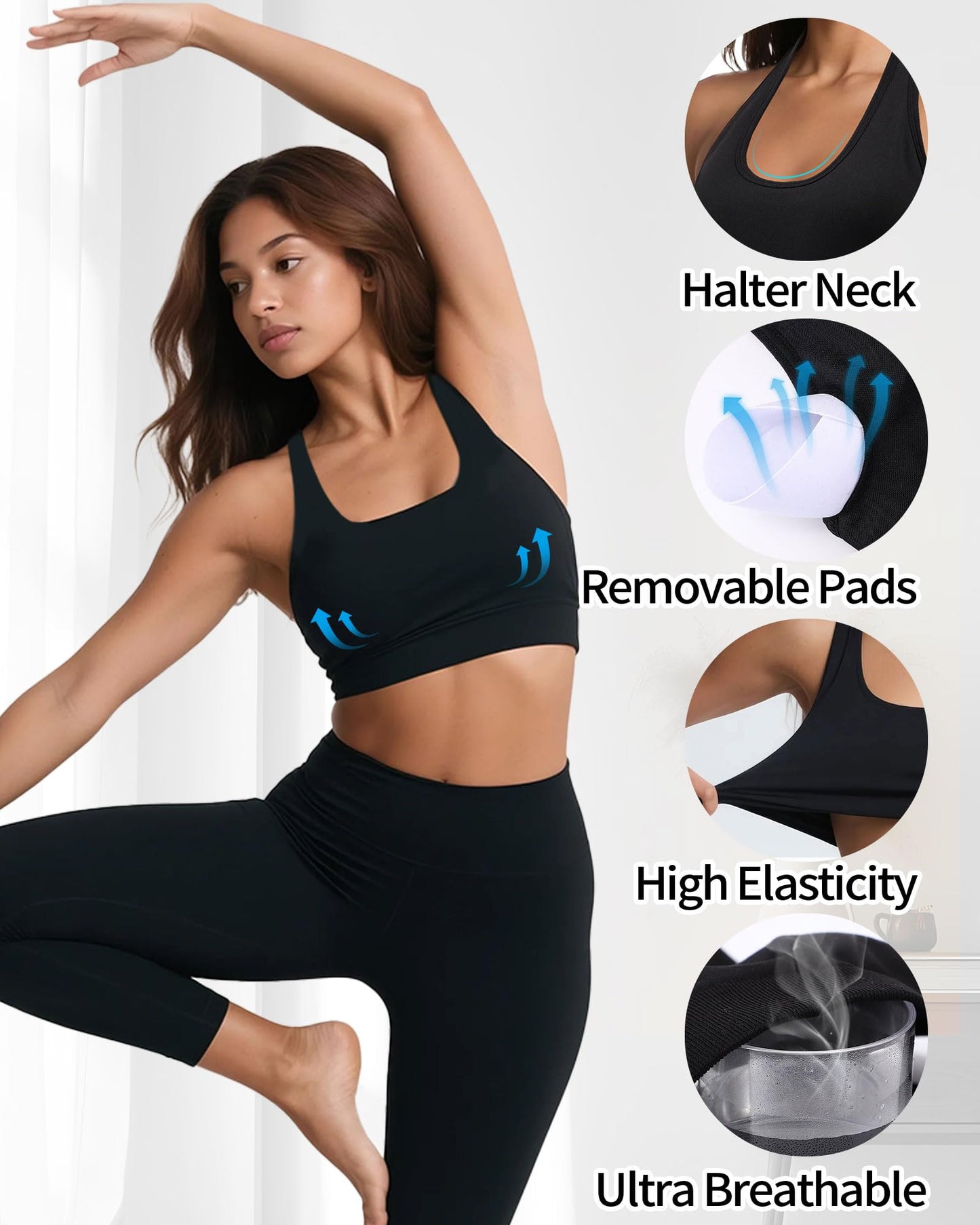 iMucci Halter Sports Bras for Women Low Impact Seamless Yoga Bra, Halter Neck Open Back Padded Removable Cups for Gym Workout Black
