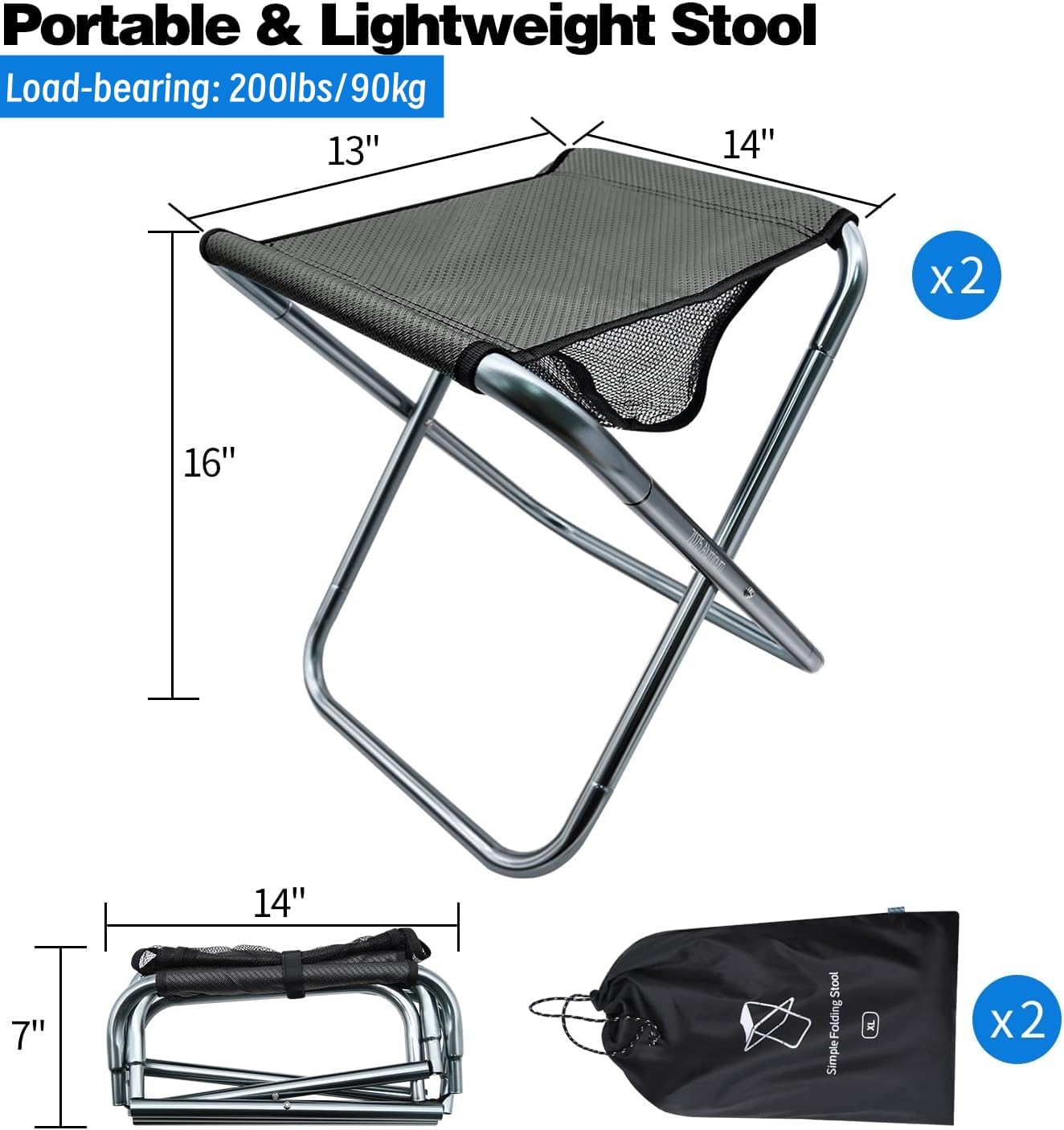 LFSEMINI 2 Pack 16in Tall Camping Stool, Folding Stool with Carry Bag, Aluminum Alloy Bracket, 1.5lbs Lightweight, Load Capacity to 200lbs, for Travel, BBQ, Fishing