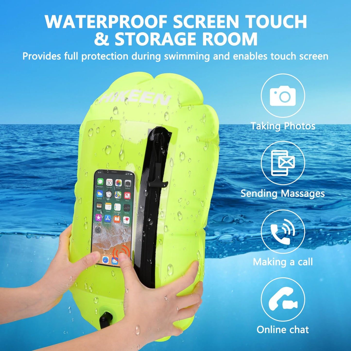Hikeen Swim Buoy - 2 PCS Waterproof Touchscreen Swim Buoy, Update Swim Safety Float w/Adjustable Waist Belt for Open Water Swimmers -Be Bright, Be Safer