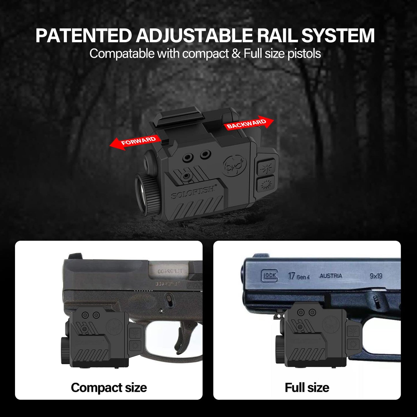 Solofish 700 Lumens Pistol Light Laser Combo, Strobe & Memory Function for Green/Red/Blue Laser and Tactical Light with Slidable Rail Fits Full Size & Compact Guns w/Rail