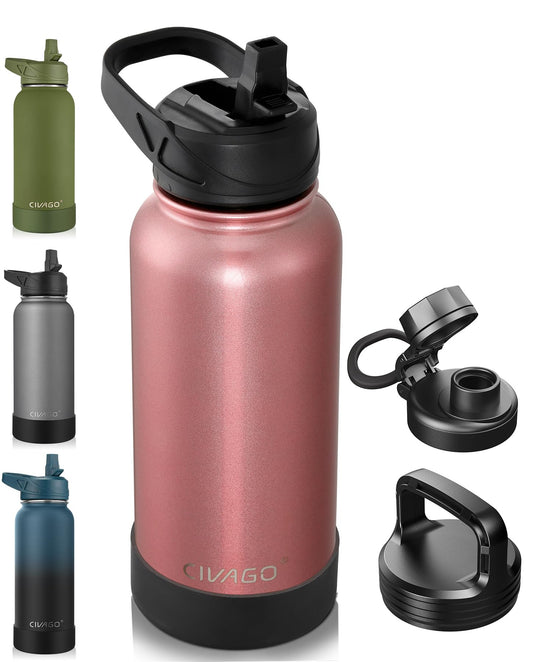 CIVAGO 32 oz Insulated Water Bottle With Straw, Stainless Steel Sports Water Flask Cup with 3 Lids (Straw, Portable Spout and Handle Lid), Double Walled Travel Thermal Canteen Mug, Rose Gold