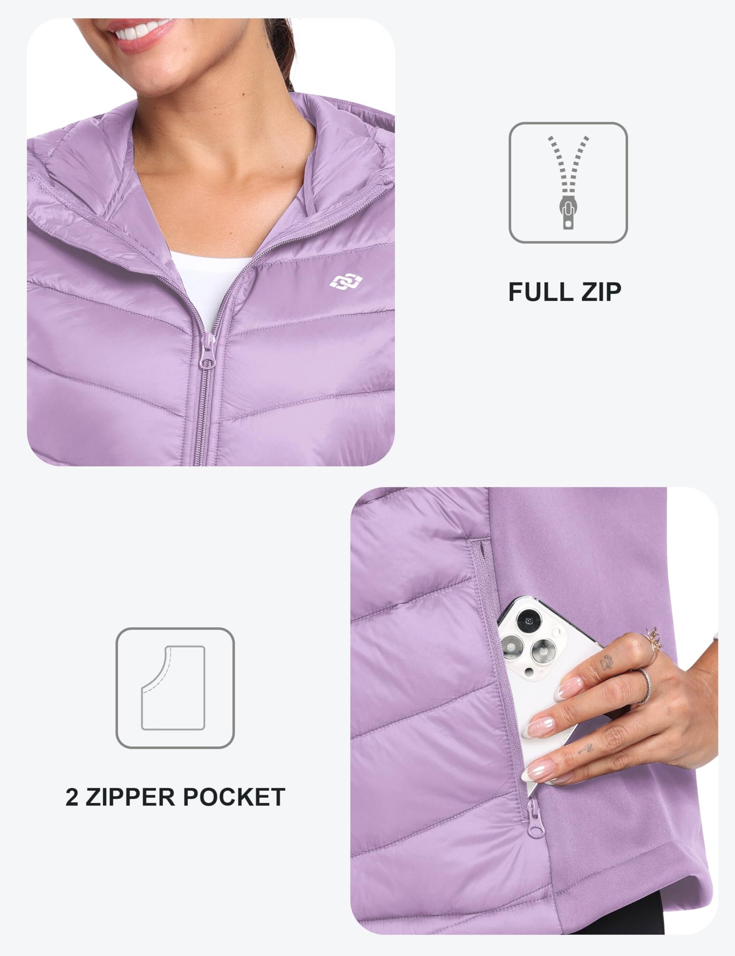 MoFiz Women's Puffer Vest Lightweight Hooded Slim Fit Running FLeece Lined Hybrid Sleeveless Warm up Winter Vest Light Purple M