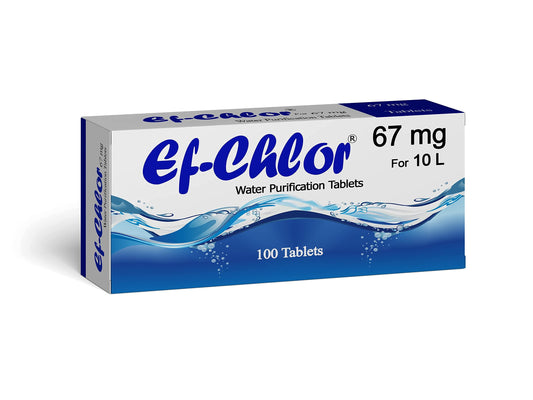 Ef-Chlor Water Purification Tablets/Drops (67 mg - 100 Tablets) - Potable Water Treatment Ideal for Emergencies, Survival, Travel, and Camping, Purifies (3.28-5.28) Gallons Water in 1 Tablet