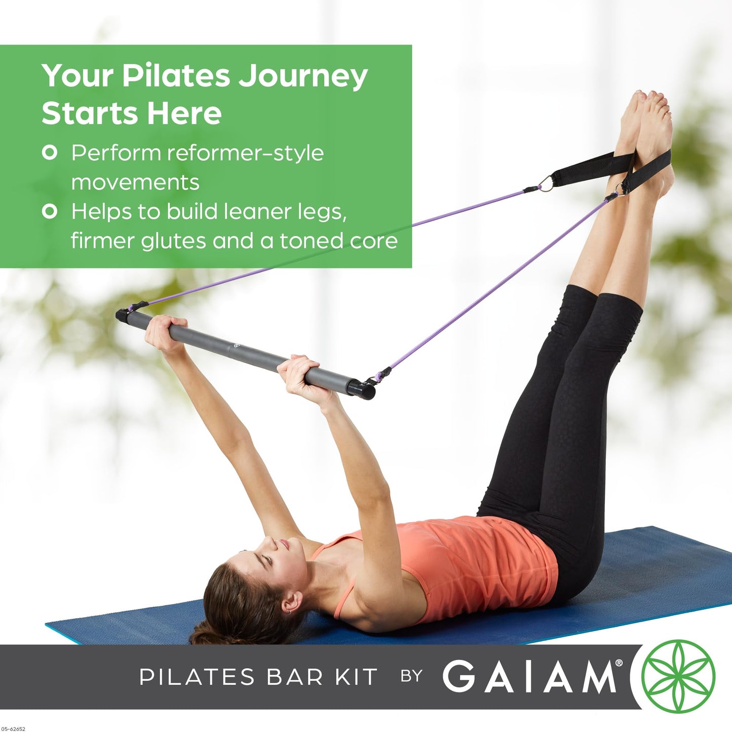 Gaiam Restore Pilates Bar Reformer Kit - Home Fitness Equipment for Total Body Workout - Includes Bar, Two 30-Inch Resistance Band Cords with Attached Foot Strap Loops - Exercise Guide Included