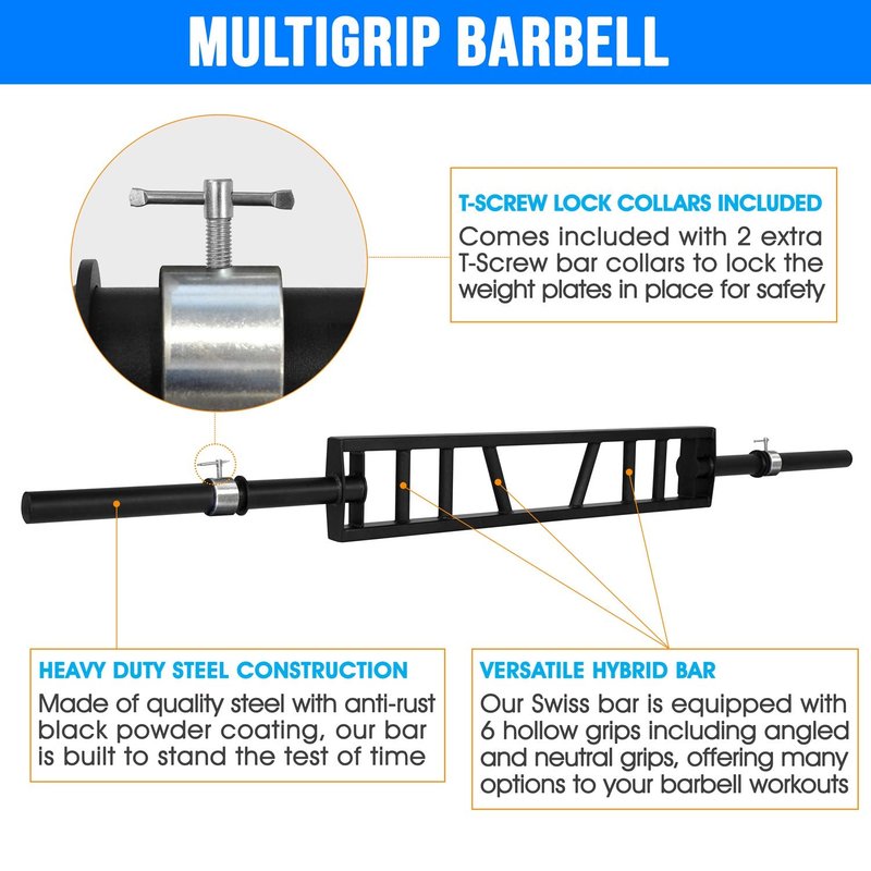 Yes4All Multi Grip Barbell - Swiss Bar, American Bar with 2 Collars, Fits Olympic Weight Plates - Commercial and Home Gym & Support Pressing, Lifting & Curls