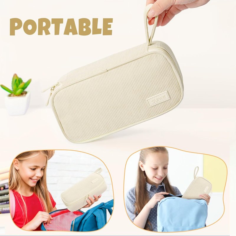 Cute Pencil Case - Large Capacity Aesthetic Zipper Pouch for Stationery | Soft Corduroy, Beige