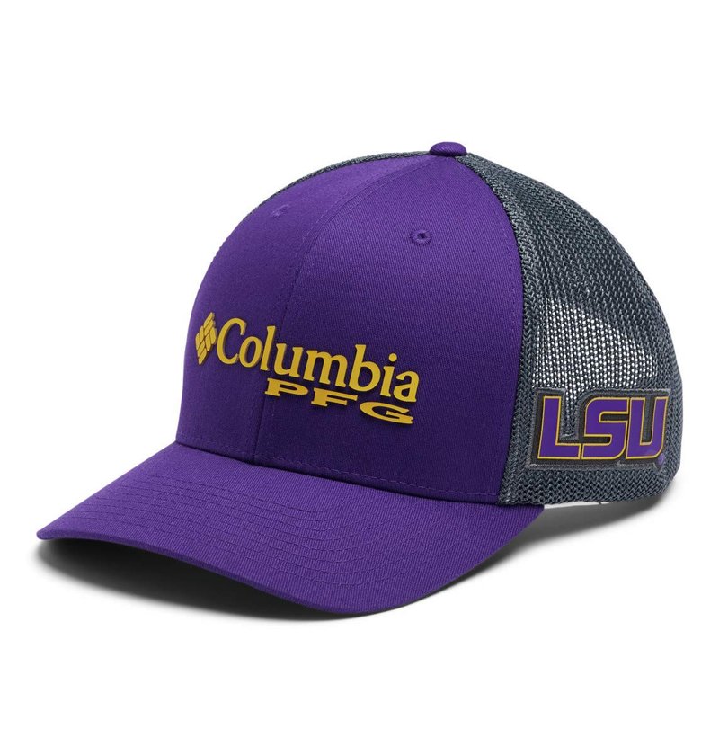 Columbia Unisex PFG Mesh Snap Back Ball Cap, LSU - Vivid Purple/Charcoal, One Size