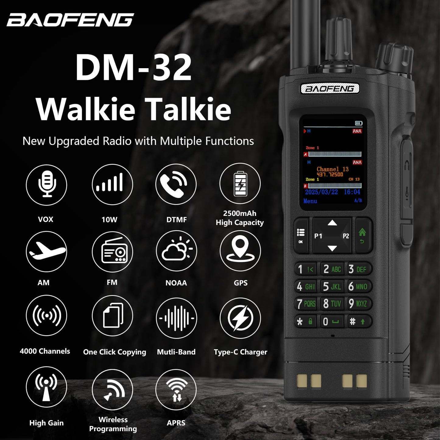 BAOFENG DM32 DMR Radio 10W High Power Radio GPS/APRS Two Way Raido USB-C Charging Multi-Band FM/AM Wakkie Talkie DM-32