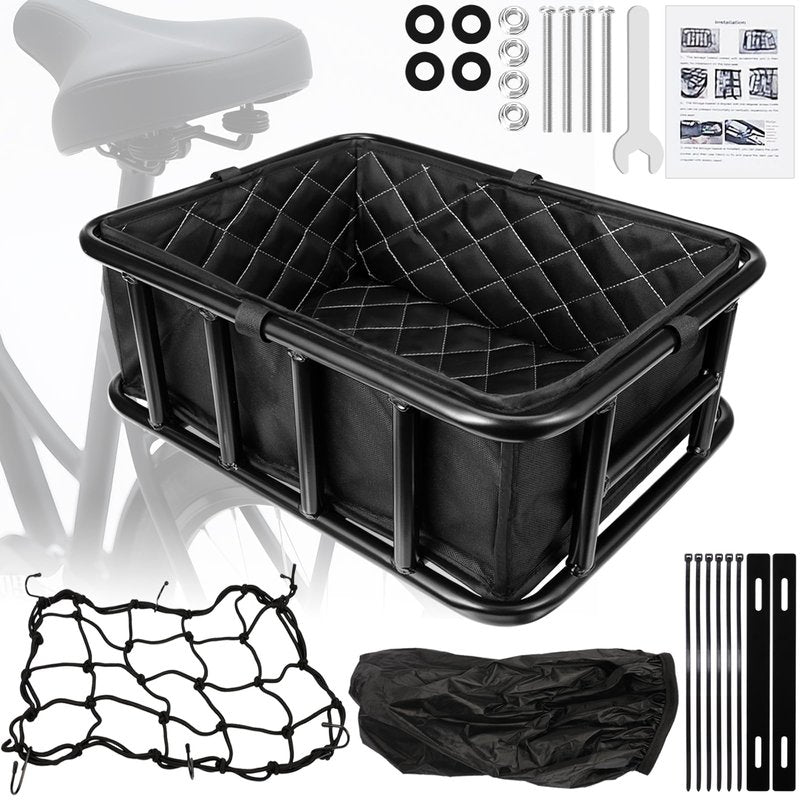 Bike Basket Rear, Bicycle Basket with Liner Bag, Waterproof Cover & Cargo Net, Heavy Duty Large Bike Basket for Most Bikes and E-Bike