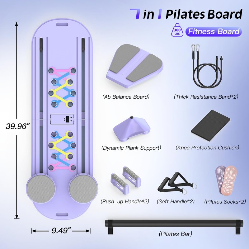 Lazolloa 7 in 1 Pilates Board, Portable Home Gym Equipment, Foldable Pilates Reformer Set with Timer, Mini Pilates Machine for Home Workout, Fitness, Exercise, Ab, Core, Purple