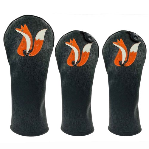Fox PU Leather Golf Club Covers Driver Headcovers Fairway Woods Hybrid Protector with Interchangeable Number Tag