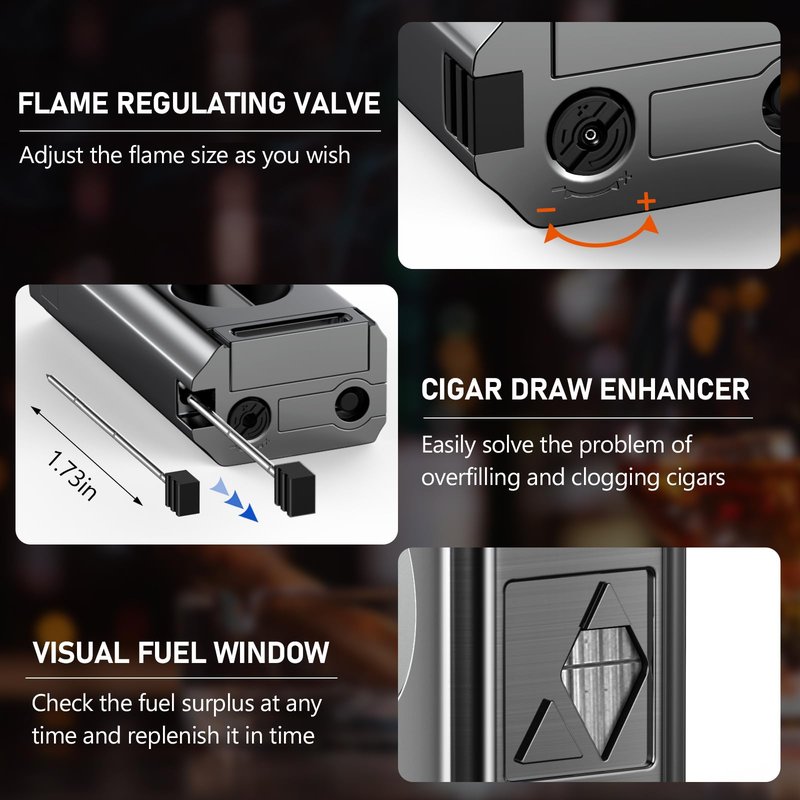 Tesonway Cigar Torch Lighter, 4 Jet Flame Cigar Lighter with Cigar Cutter V Cut Cigar Accessories Cigar Holder Cigar Punch Cigar Draw Enhancer, Windproof Refillable Butane Lighter, Cigar Gifts for Men