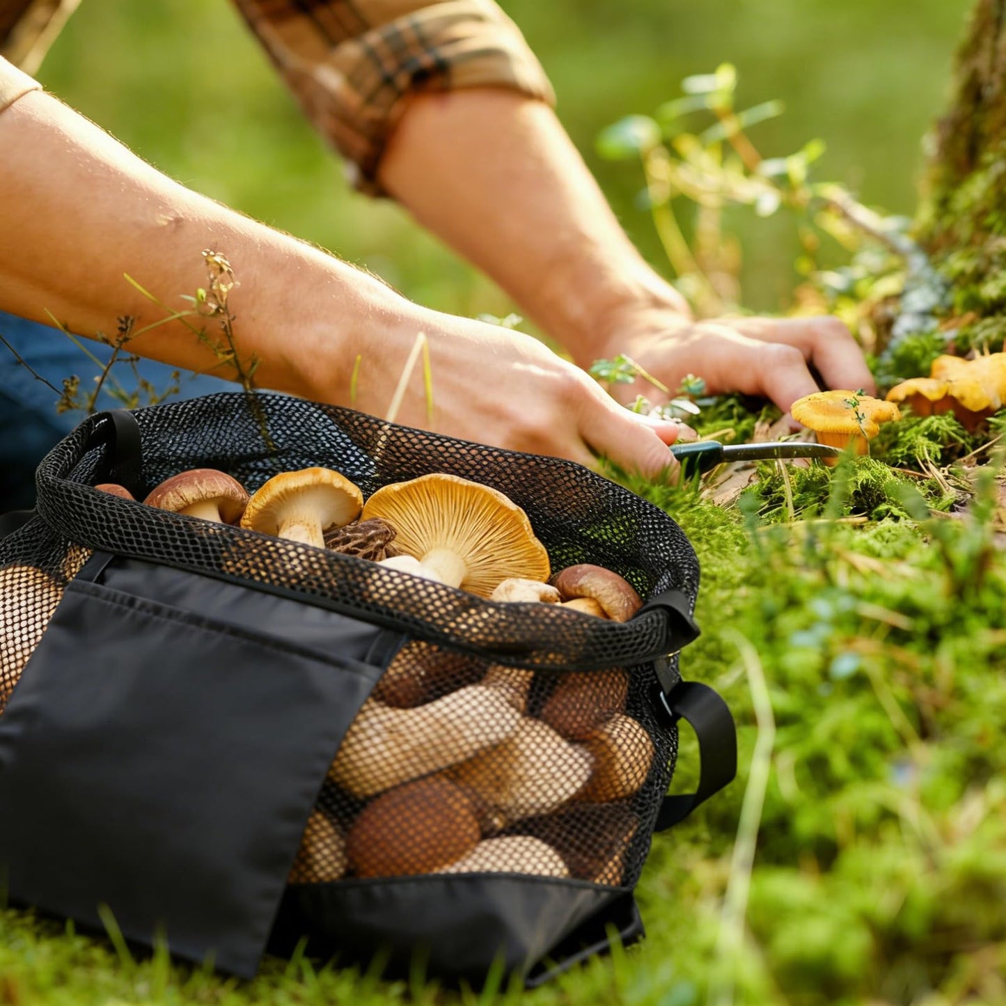 INKNOTE 2 Pcs Mushroom foraging bag with pockets Reusable mushroom hunting pouches Mesh bags Field harvest bags for Outdoor Mushroom Vegetables Fruit Picking,Black