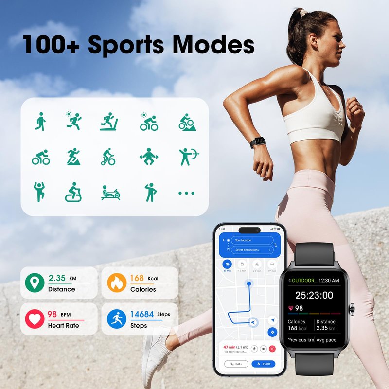 Smart Watch(Answer/Make Call), 1.69" Fitness Tracker with Heart Rate Blood Oxygen Monitor, Sleep Monitor Health Tracker, 100+ Sports Modes, Step Counter, IP68 Waterproof Fitness Watch for Android iOS