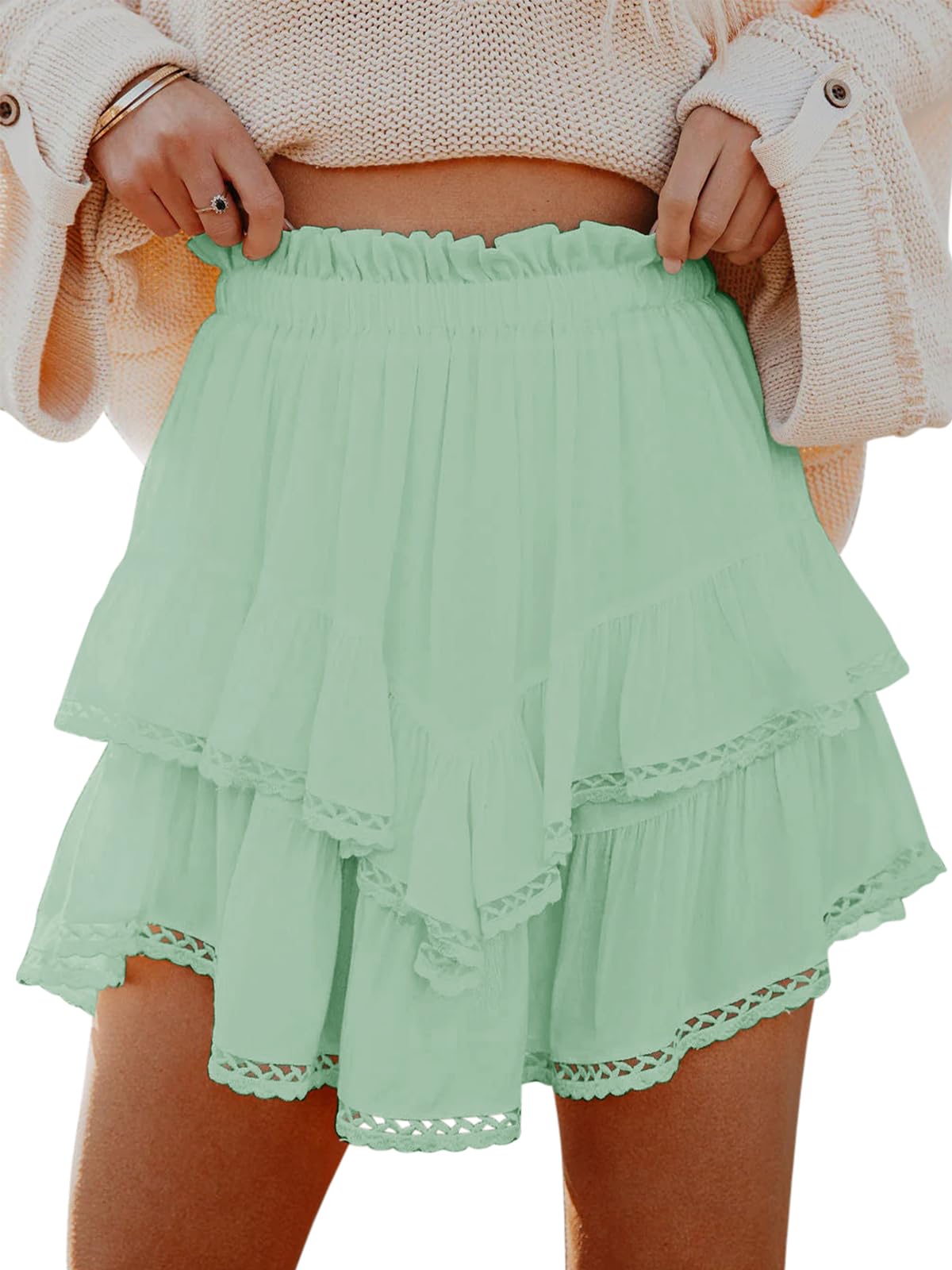 Aoudery Flowy Shorts for Women Casual Boho Ruffle Tiered Skorts High Waist Mini Skirts Golf Tennis Butterfly Crochet Shorts - Light Green M