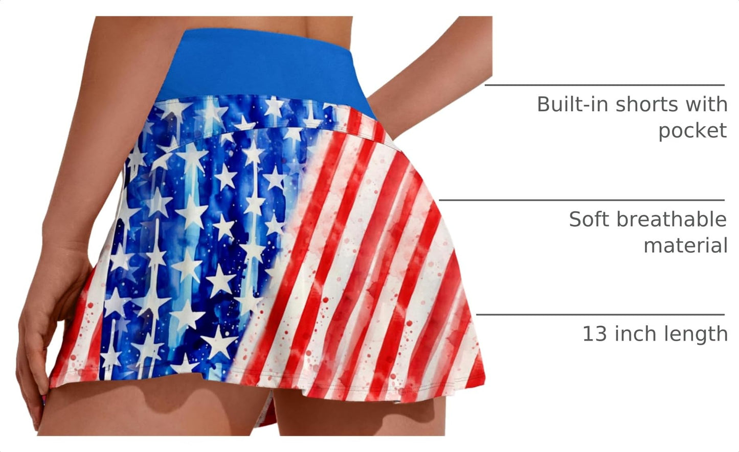 PINSPARK Tennis Skirts Women Pleated Athletic Skirt with Shorts Underneath Wicking Golf Skorts Activewear,Patriot Small