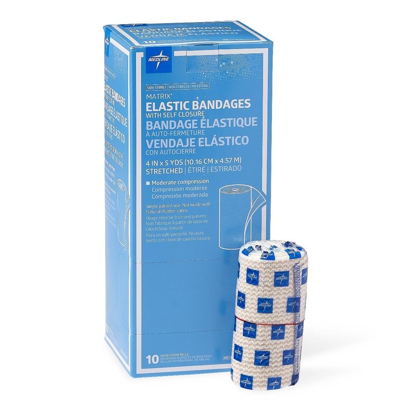 Medline Matrix Wrap Elastic Bandage with Hook and Loop Closure, Non-Sterile, 4" x 5 yd, White/Beige (Pack of 10)