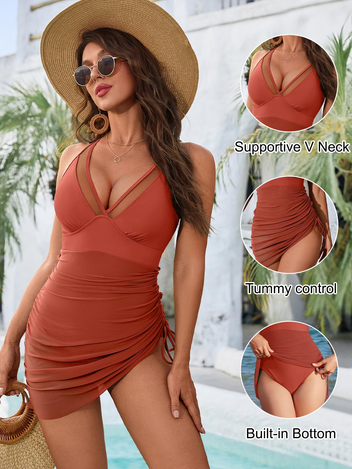 Blooming Jelly Women One Piece Swim Dress Tummy Control Swimsuits Slimming Mesh Sheer Bathing Suit (XXL, Brick Red)