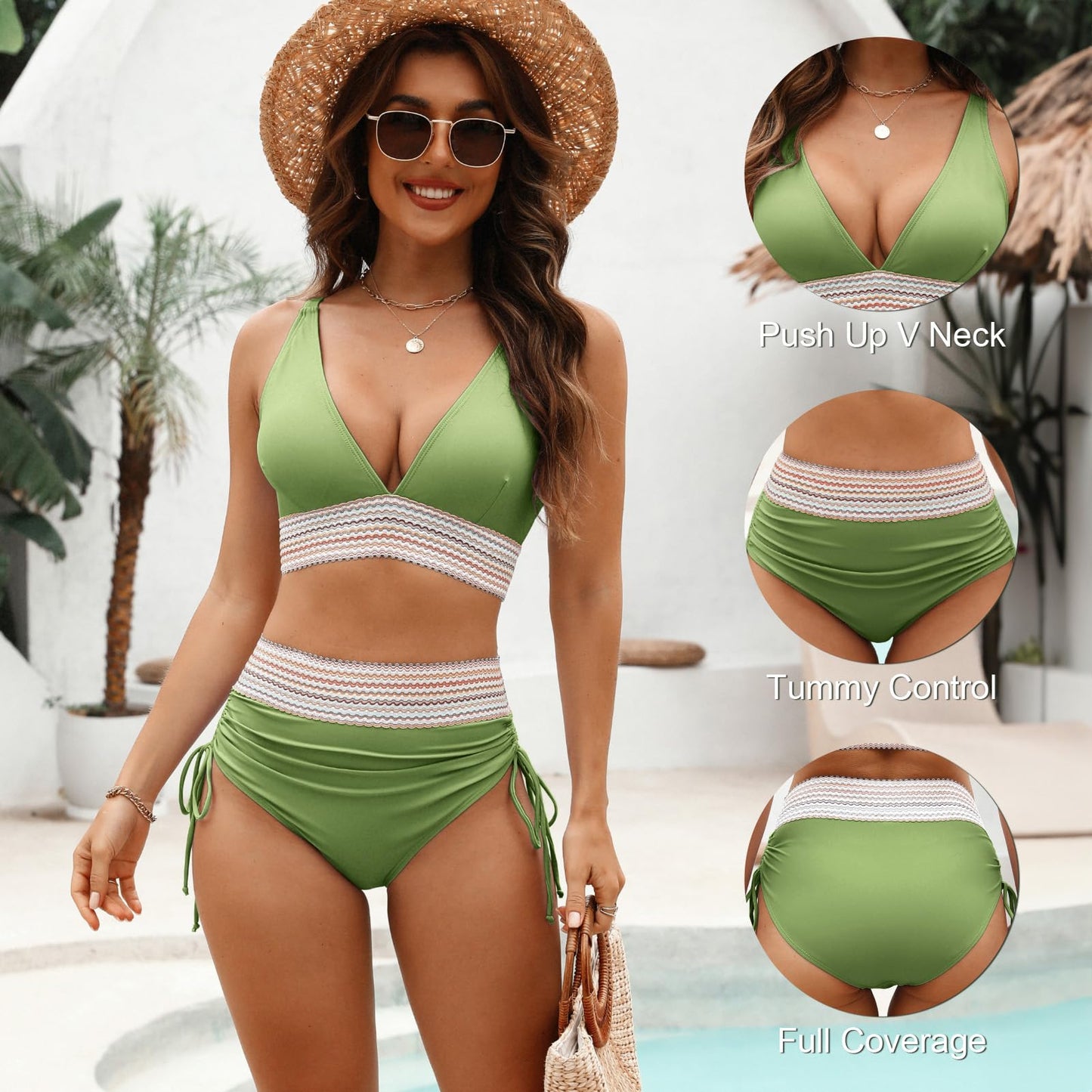 Adisputent Womens High Waisted Bikini Sets Color Block Swimsuit V Neck Tummy Control Swimwear Drawstring 2 Piece Bathing Suit Grass Green L